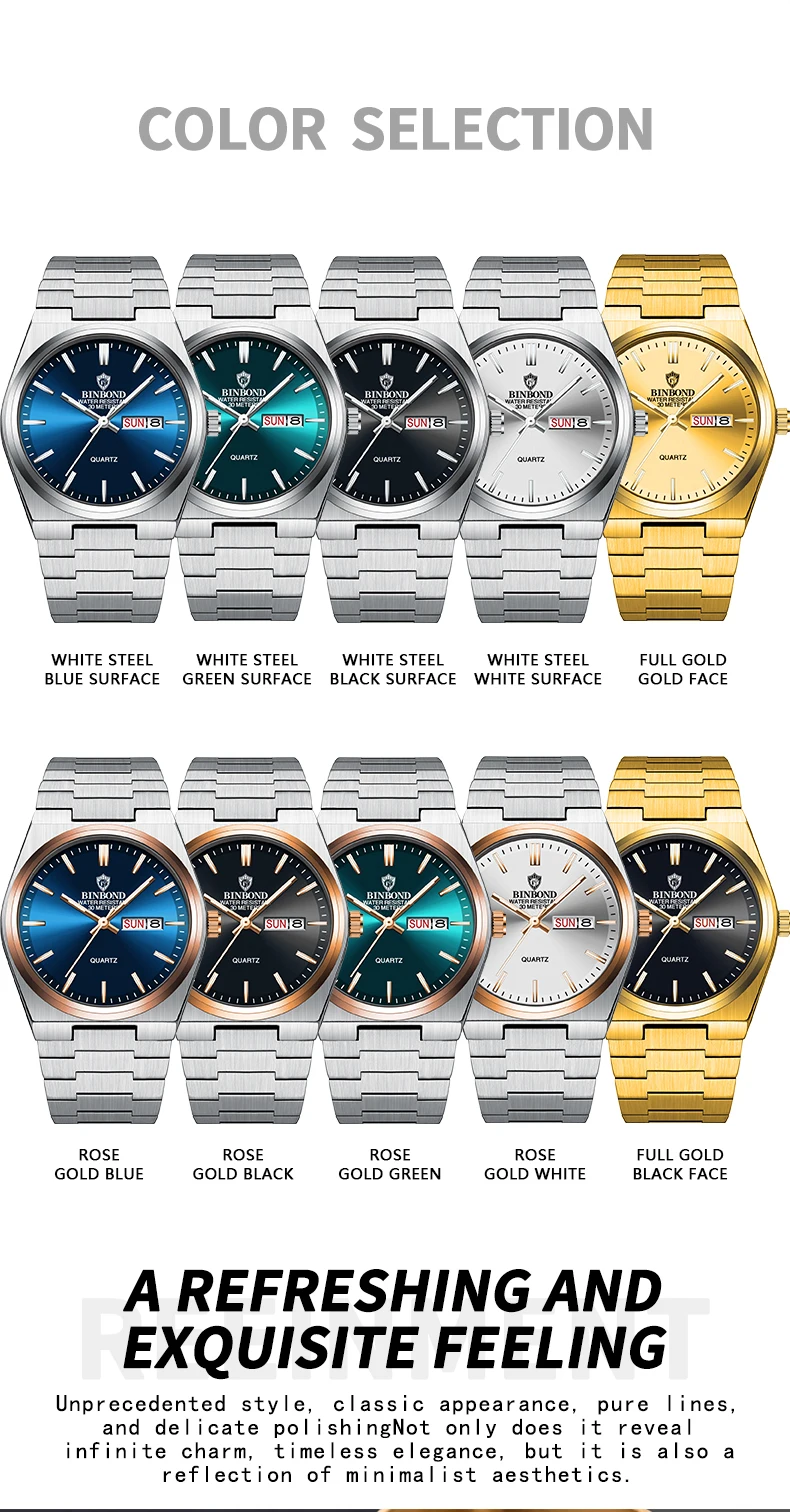 Binbond-メンズクォーツ時計,ファインスチール,オリジナル,防水,発光,日付,天気,紳士,ファッション,スポーツ,トレンド