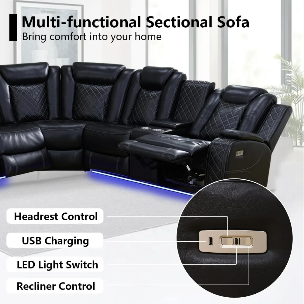 recliner.Black Leather Power Reclining Sectional Sofa，Sectional Couch with Recliner Living Room Set with LED Light/Read