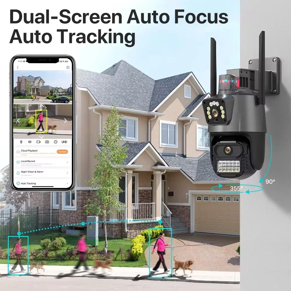 Caméra extérieure Wifi PTZ 4K 8MP HD double objectif double écran caméra AI suivi automatique 4MP Surveillance vidéo alarme de lumière de Police iCSee