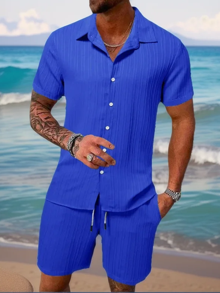 Traje de playa para hombre, pantalones cortos de manga corta de color sólido a rayas, camisa deportiva informal, transpirable, ligero, ropa de hombre de alta calidad ins