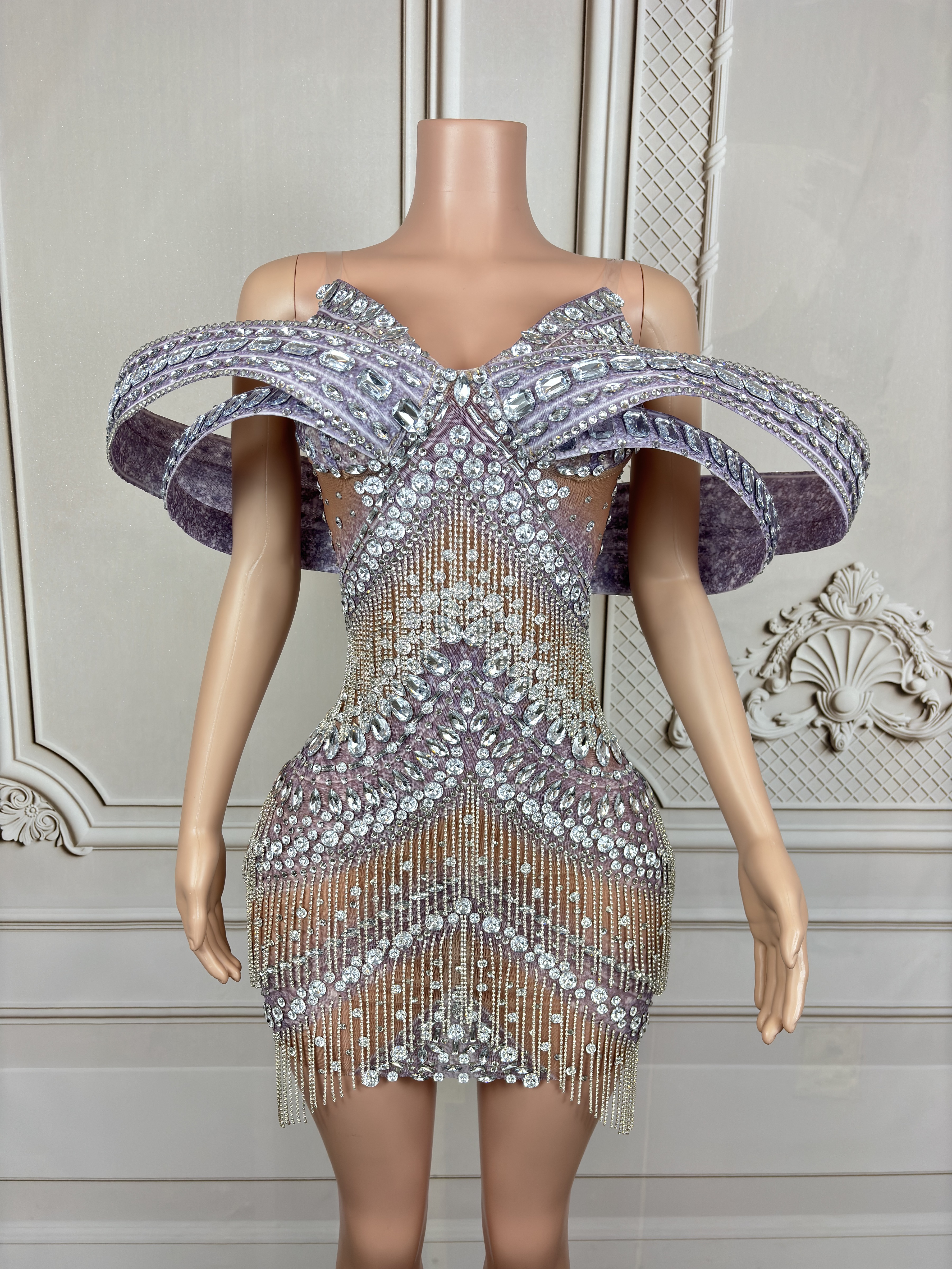 Vestido corto con cadena de diamantes de imitación brillantes para mujer, nuevo diseño, Sexy, de malla, para escenario, celebración, noche, cumpleaños, fiesta, foto, disfraz