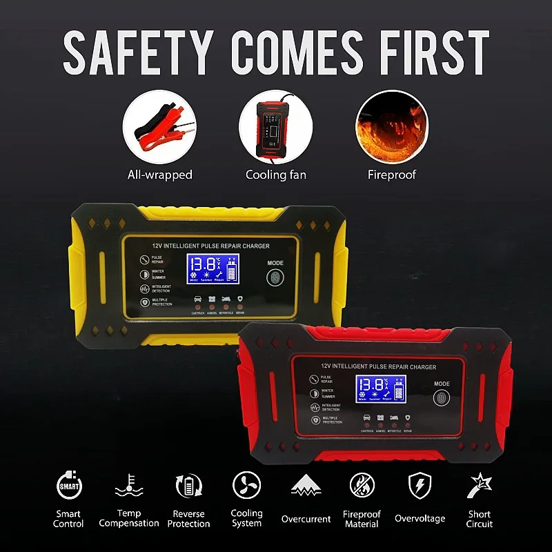 Automatyczna ładowarka akumulatorów samochodowych 12V 6A z cyfrowym wyświetlaczem LCD, ładowarka impulsowa 12AH do naprawy akumulatorów kwasowo-ołowiowych mokrych i suchej elektrolity.