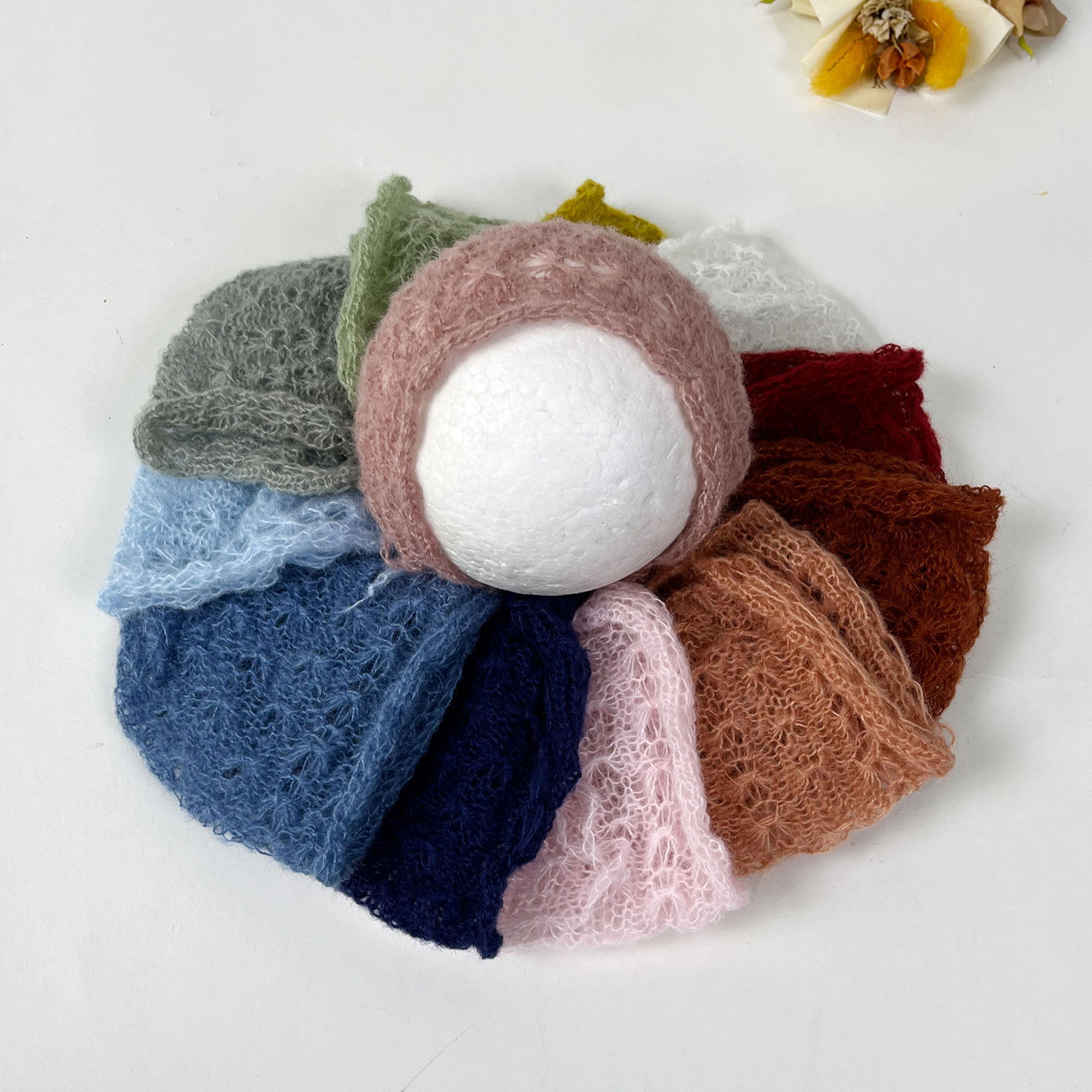 Don & judy-conjunto de chapéu e boné para recém-nascido, envoltório elástico macio, malha artesanal, mohair, acessórios de fotografia, 2pcs, novo