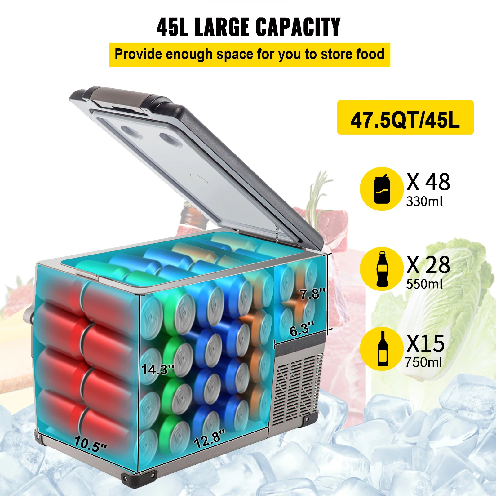 VEVOR Frigorifero Portatile, 45 L Piccolo Frigorifero Compressore Portatile, 45 W Frigorifero per Auto, 27 x 14 x 18 Pollici, Congelatore Domestico, Frigorifero da Viaggio Piccolo Congelatore per Auto