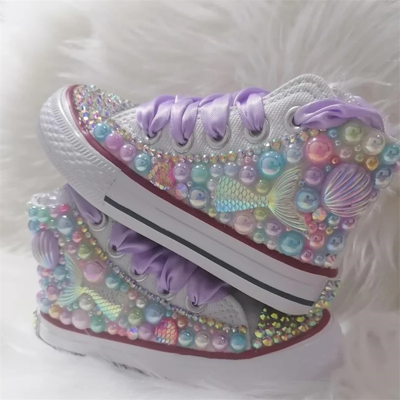 Doll bling Shell Simulation DIY Bling handgemachte Schuhe Leinwand Meerjungfrau Thema Kinder High Top Perlen Turnschuhe unter dem Meer Schuhe