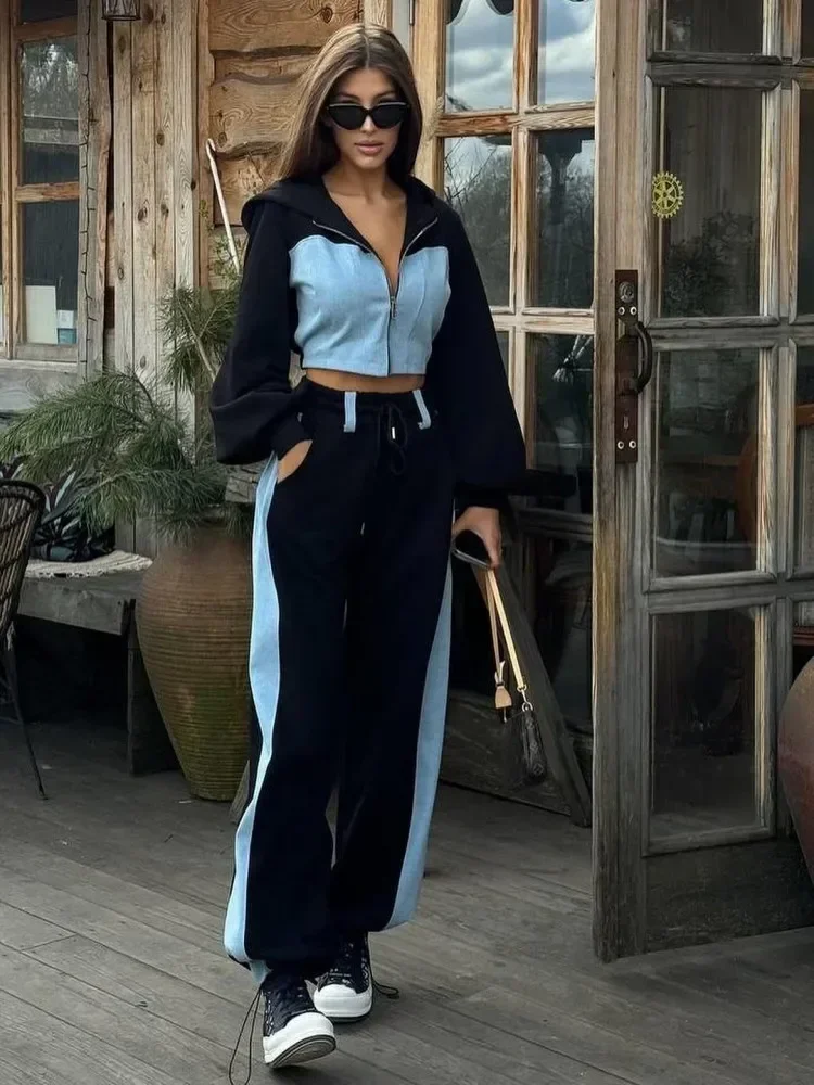 Zekye Jesień Wiosna Lato Bluzy 2-częściowe Długi rękaw Zamek błyskawiczny Damski dres Nowe topy z szerokimi nogawkami Spodnie sportowe