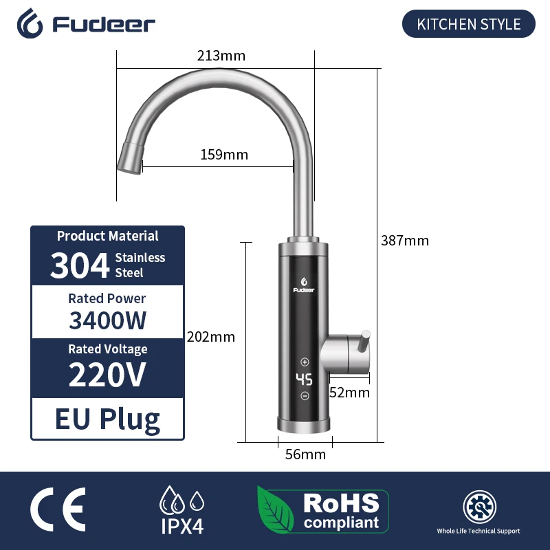 Fudeer 3400W 220V Rubinetto scaldabagno elettrico da cucina Rubinetto istantaneo per acqua calda in acciaio inossidabile Riscaldatore Rubinetto per riscaldamento freddo