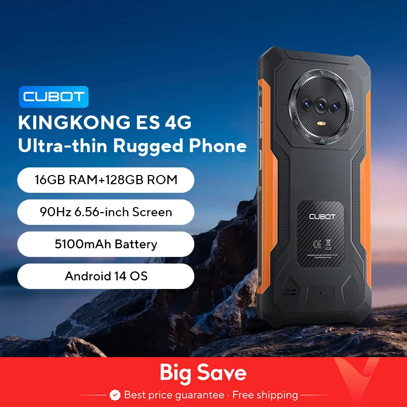 Cubot KingKong ES Smartphone Android robusto ultrasottile, 16 GB di RAM (6 GB + 10 GB), 128 GB di ROM, schermo da 6,56" 90 Hz, fotocamera da 48 MP, telefono 4G