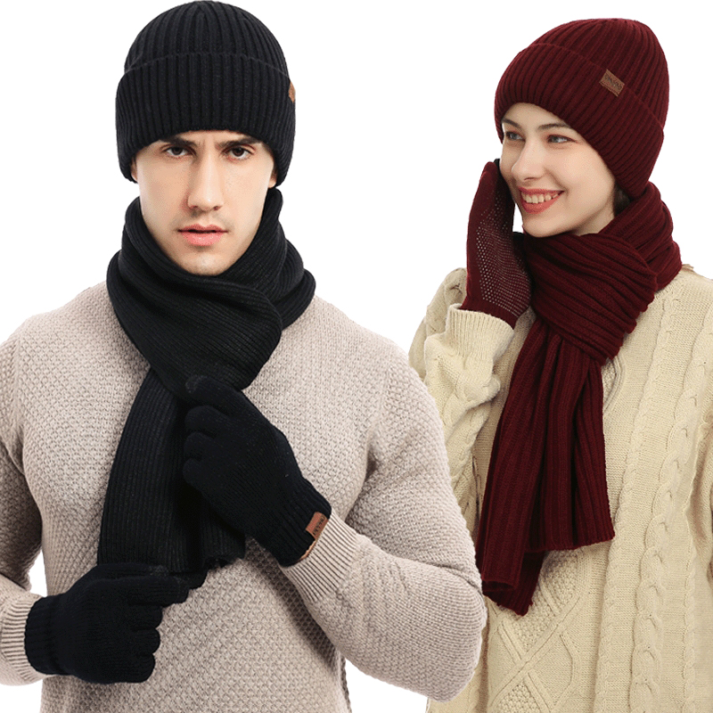 Conjunto de invierno para mantener el calor para hombre, gorro con forro polar, guantes para dedos telefónicos, bufanda gruesa, silenciador de punto, sombrero Unisex, pañuelo de Color sólido