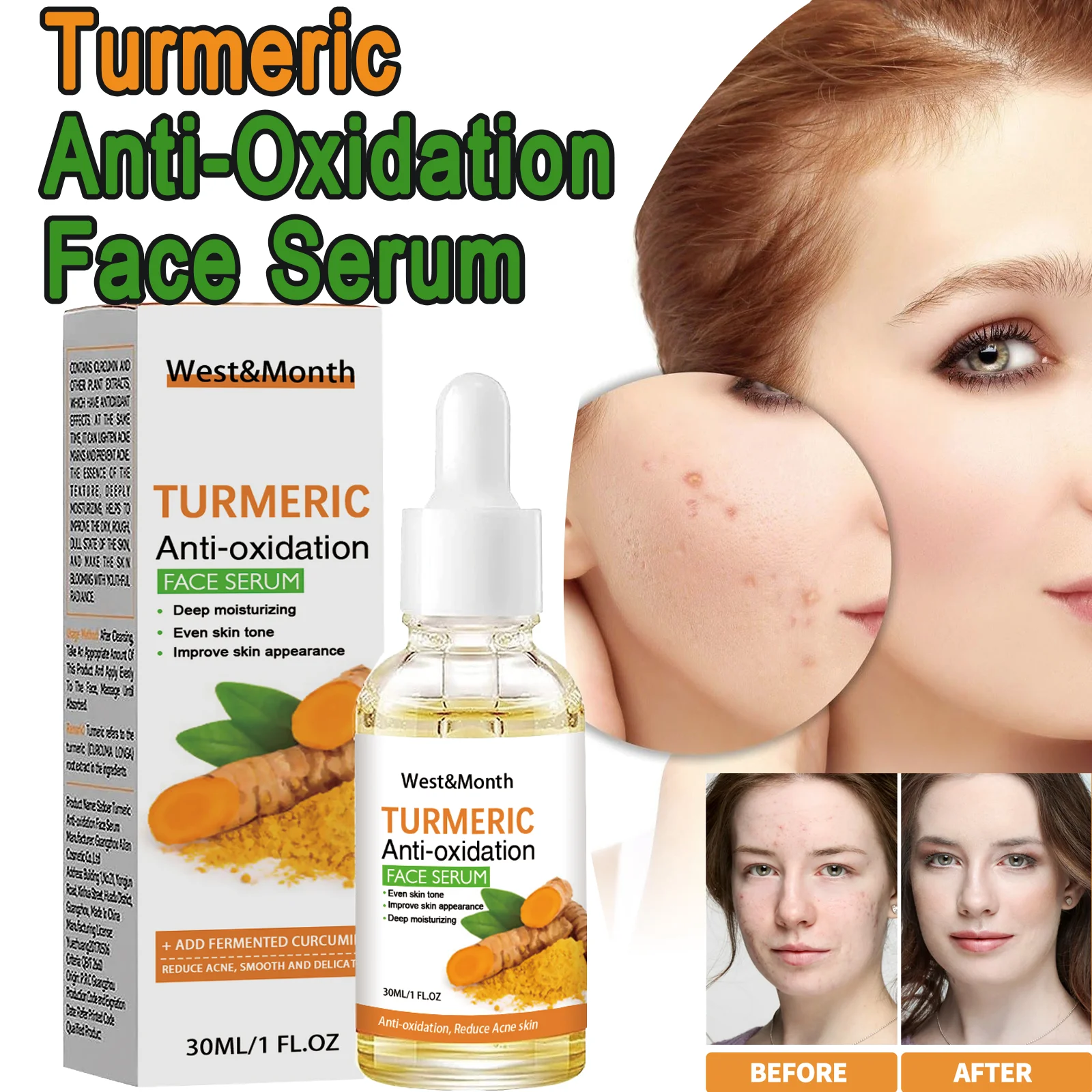 WEST MONTH Kurkuma Anti-Oxidations-Gesichtsserum, cremig, einfach zu bedienende, saugfähige Textur, stellt die Hautelastizität wieder her, Feuchtigkeit 30 ml