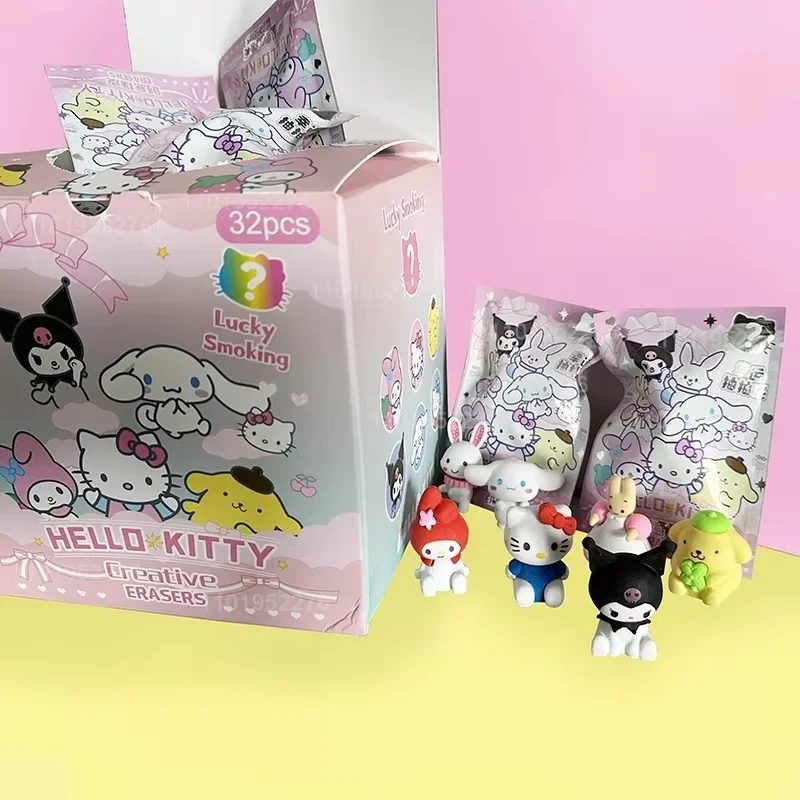子供のためのサンリオ鉛筆消しゴム、学用品、ハローキティ、私のメロディークロミシナモロール、学生文房具、卸売、32ピース/箱