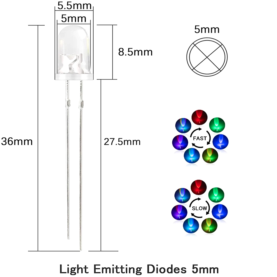 5 mm mehrfarbige, langsam/schnell blinkende RGB-LED-Diode, blinkende Leuchtdioden, 2 Pins, klare runde Linse