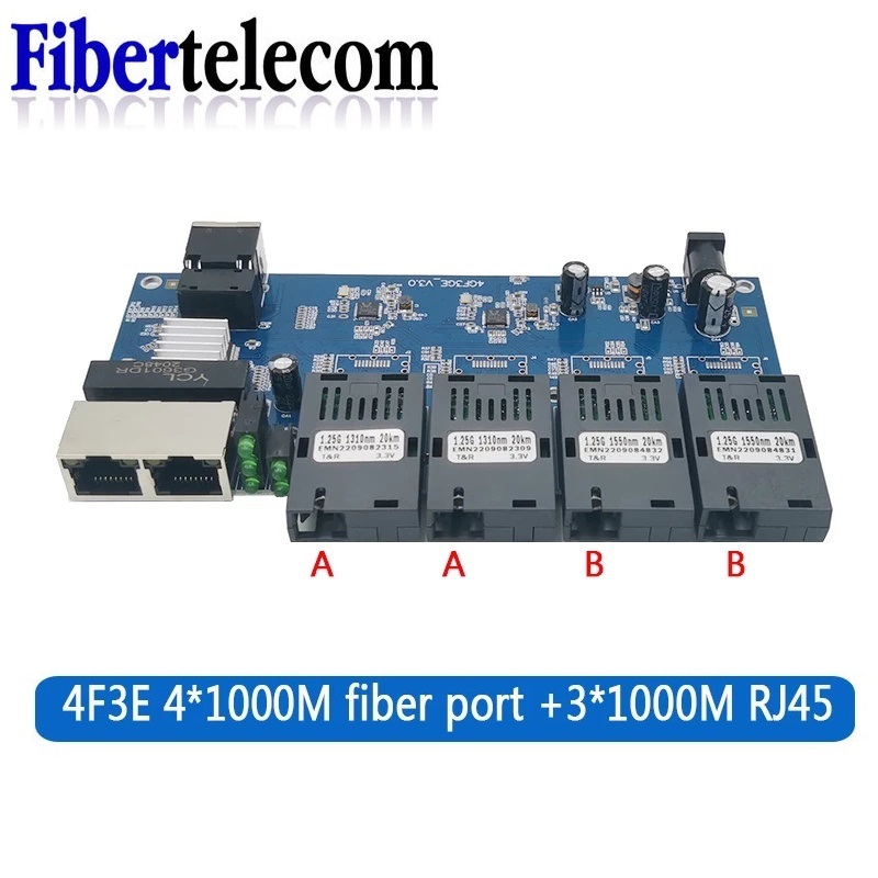 Convertidor de medios de fibra óptica Gigabit SC 100/1000M placa PCBA monomodo 4 fibra 3 RJ45 Ethernet interruptor transceptor Simplex