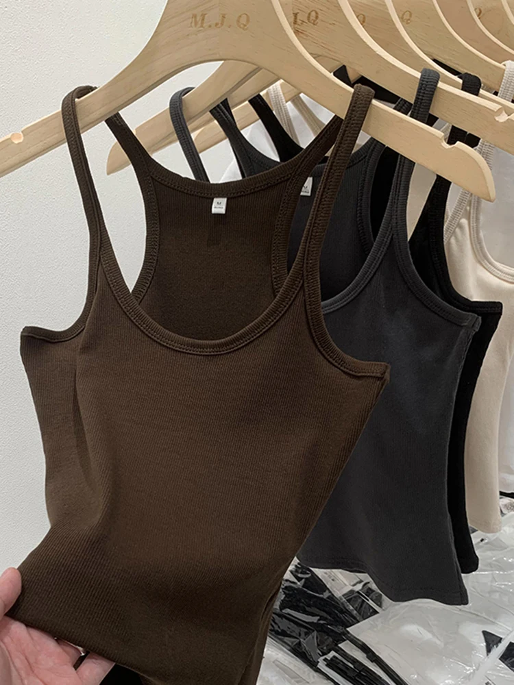 Camiseta sin mangas de punto acanalado básica de Color liso para mujer, camisola Vintage sin mangas de verano de los años 90, ropa de calle para chicas geniales, camisetas suaves