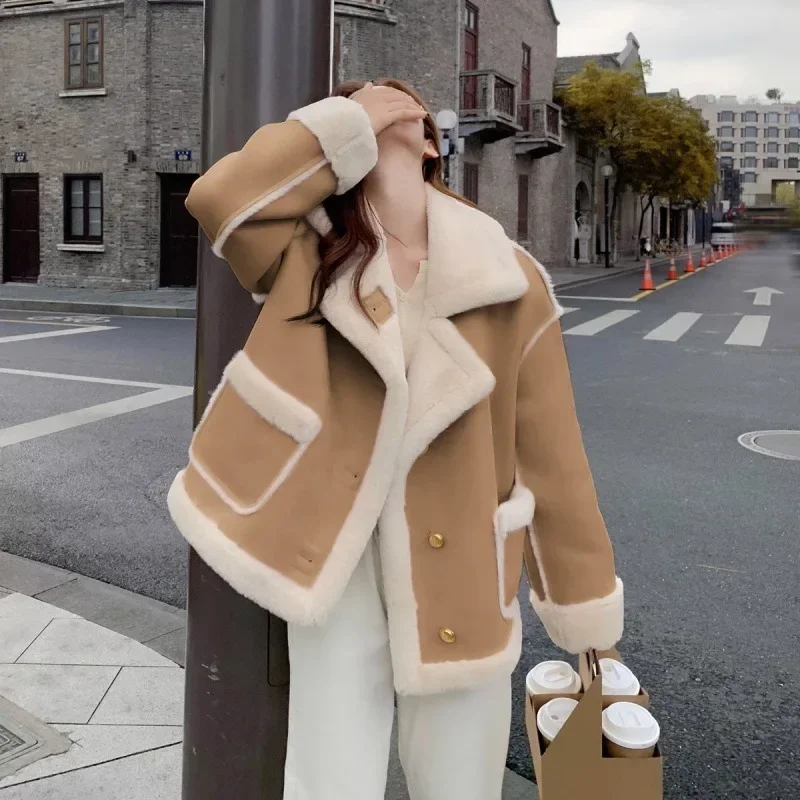 Parkas en laine d'agneau d'hiver pour femmes, vêtements double face, optique, manteau de sourire féminin, mode coréenne, style preppy mignon, veste à boutonnage simple