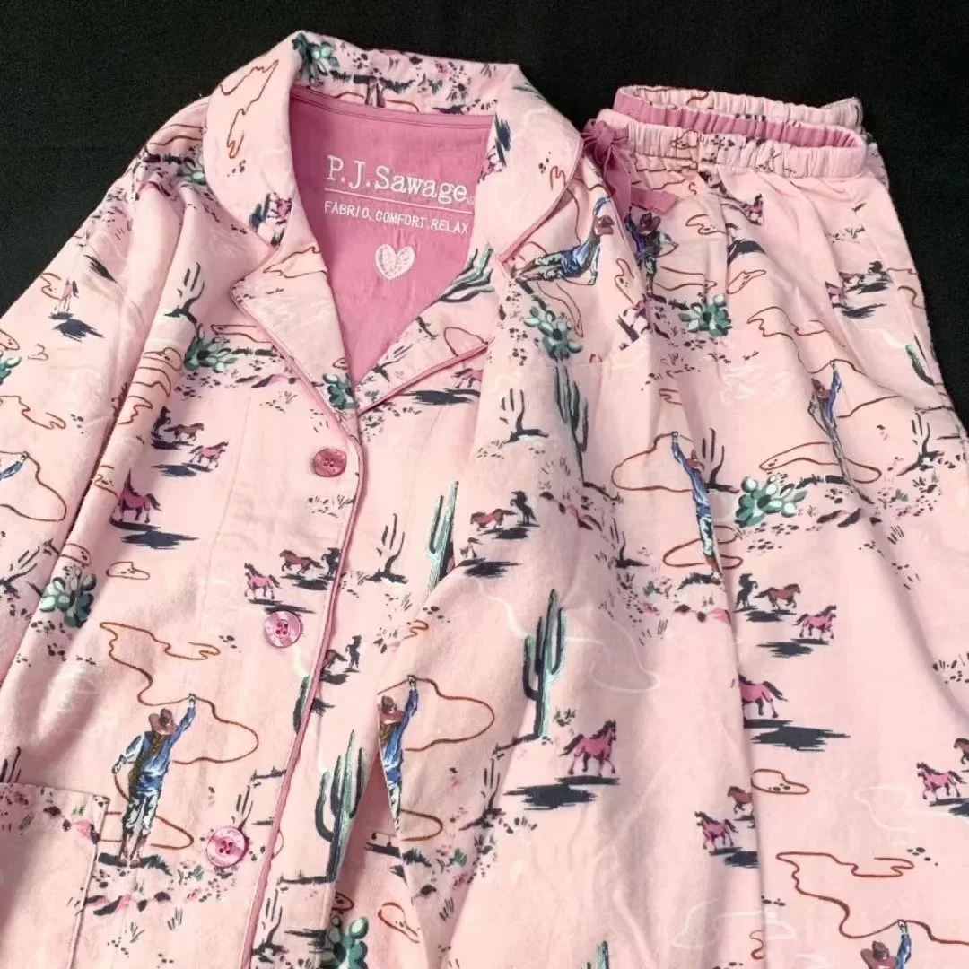 Pijamas 100% de algodón para mujer, pantalones holgados de manga larga con dibujos animados, ropa de descanso para mujer, conjunto de 2 piezas, conjunto de pijama para mujer, conjunto de ropa de dormir
