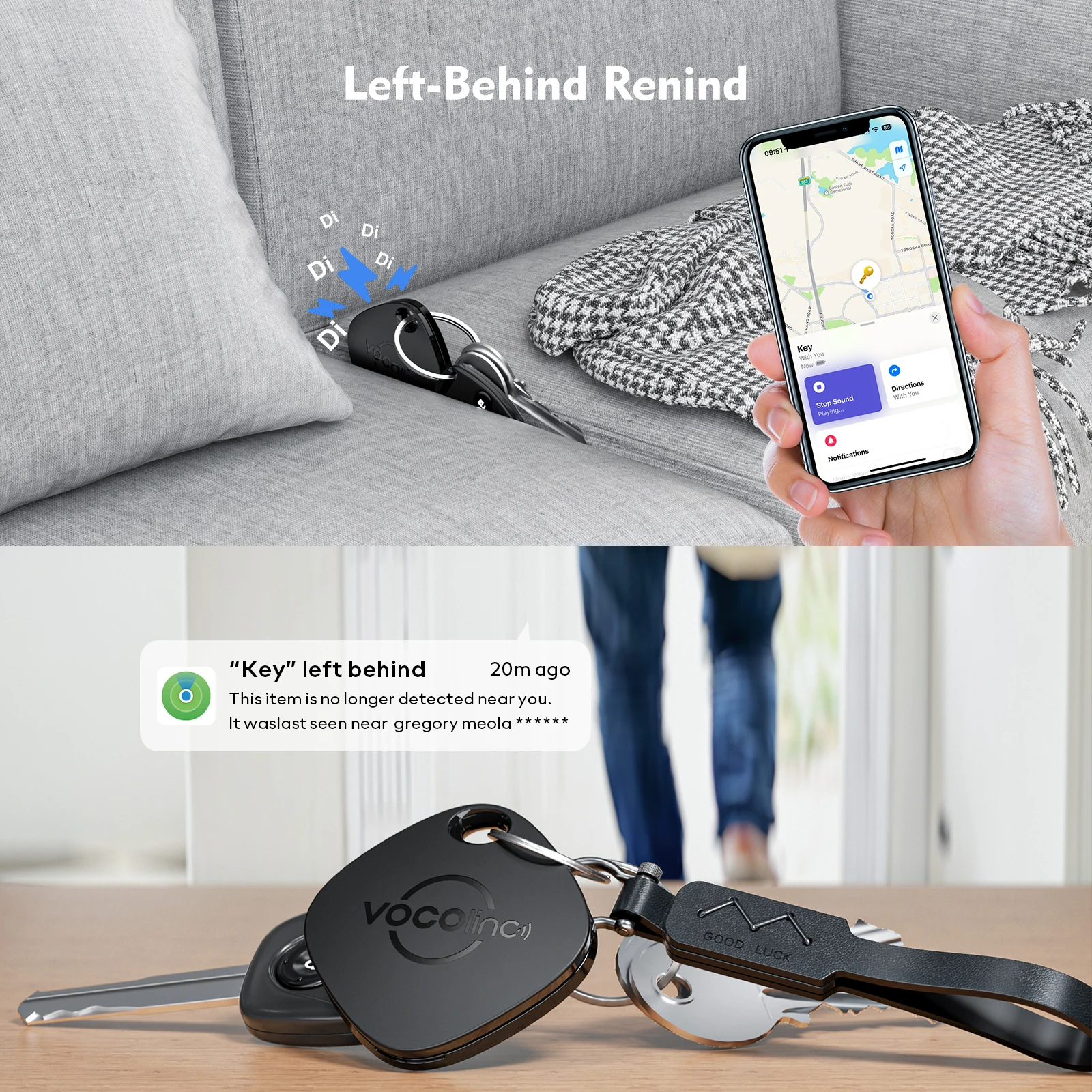 VOCOlinc อุปกรณ์ติดตามสิ่งของผ่านบลูทูธสำหรับ Find My (เฉพาะ iOS) อุปกรณ์ติดตามรถยนต์พร้อมพวงกุญแจกระเป๋าสตางค์ แท็กอัจฉริยะป้องกันการสูญหาย เครื่องระบุตำแหน่ง GPS แบบเรียลไทม์ แบตเตอรี่แบบเปลี่ยนได้ กันน้ำระดับ IP67