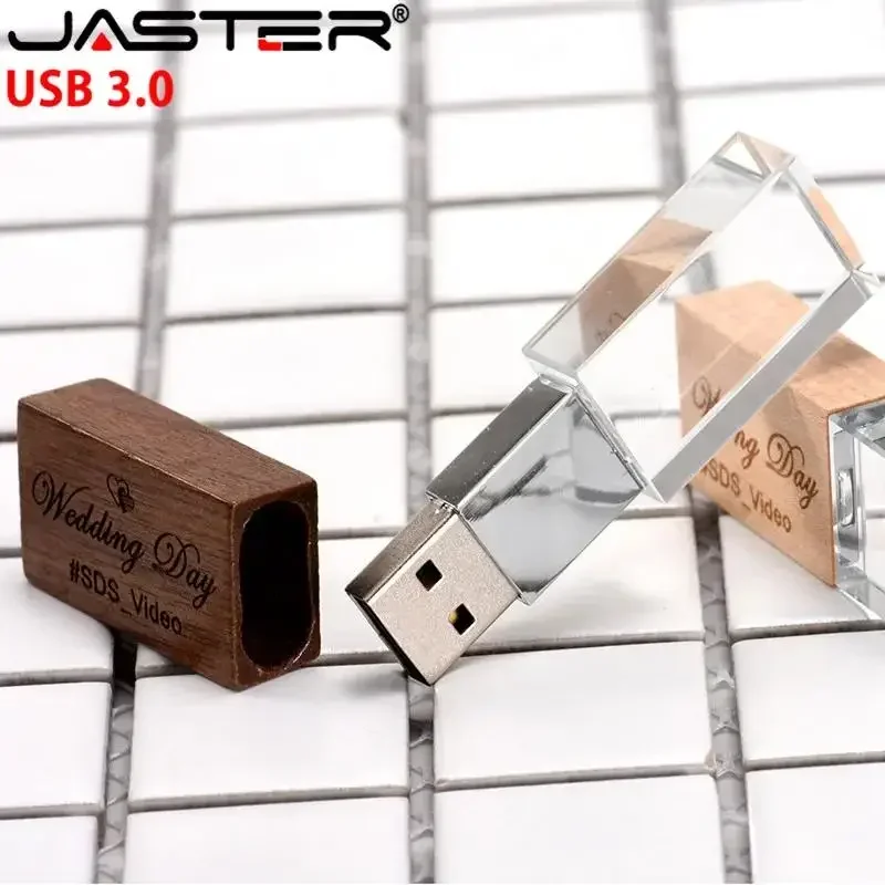 JASTER fotografía de boda logotipo personalizado madera cristal USB 3,0 unidades Flash 64GB 32GB 16GB 4GB versión memoria Stick U disco