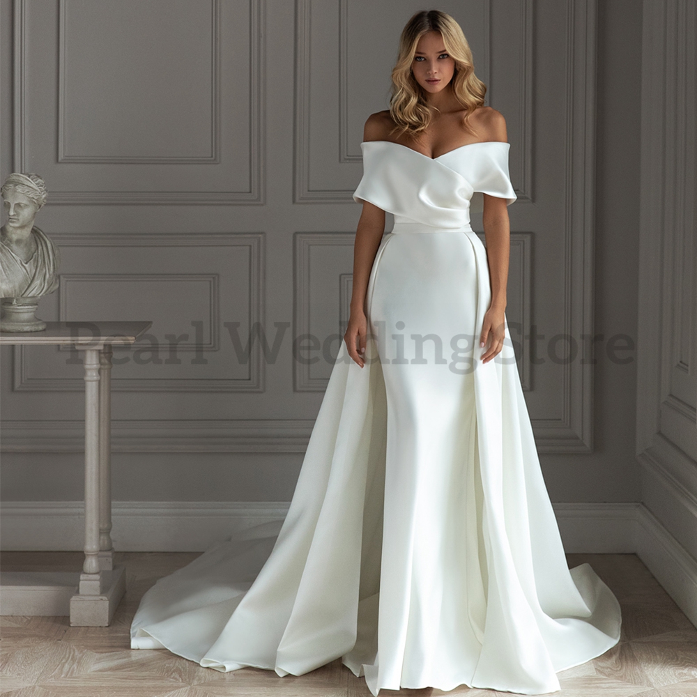 Robe De mariée blanche détachable, style sirène en Satin, épaules dénudées, sur mesure