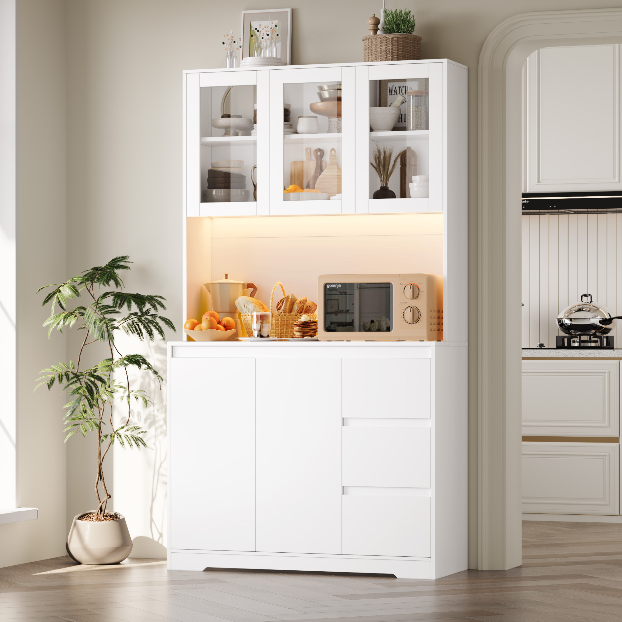 Getone Bufet kuchenny z diodą LED, Szafa kuchenna Bufet z 3 gniazdami na szuflady Regulowana półka 100x38,5x180cm