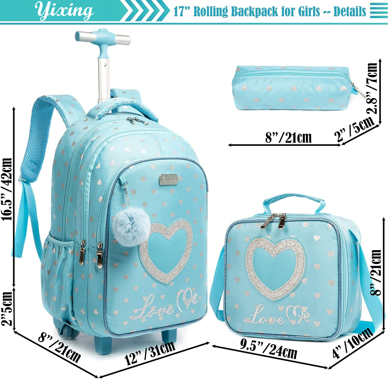 Mochila infantil com rodas, conjunto com lancheira, mochila escolar com rodas, carrinho escolar para meninas