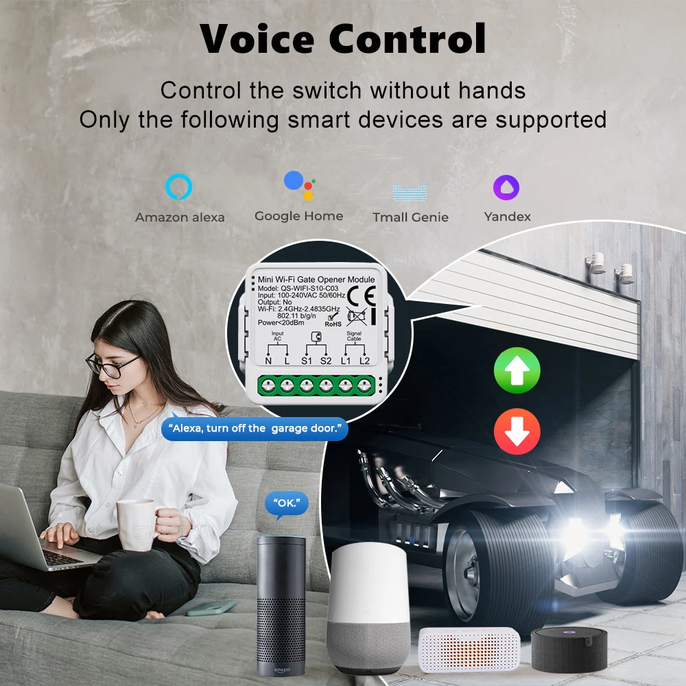 Tuya Mini WiFi устройство открывания гаражных ворот Smart Life App Дистанционное голосовое управление Модуль переключателя ворот работает с Alice Alexa Google Home
