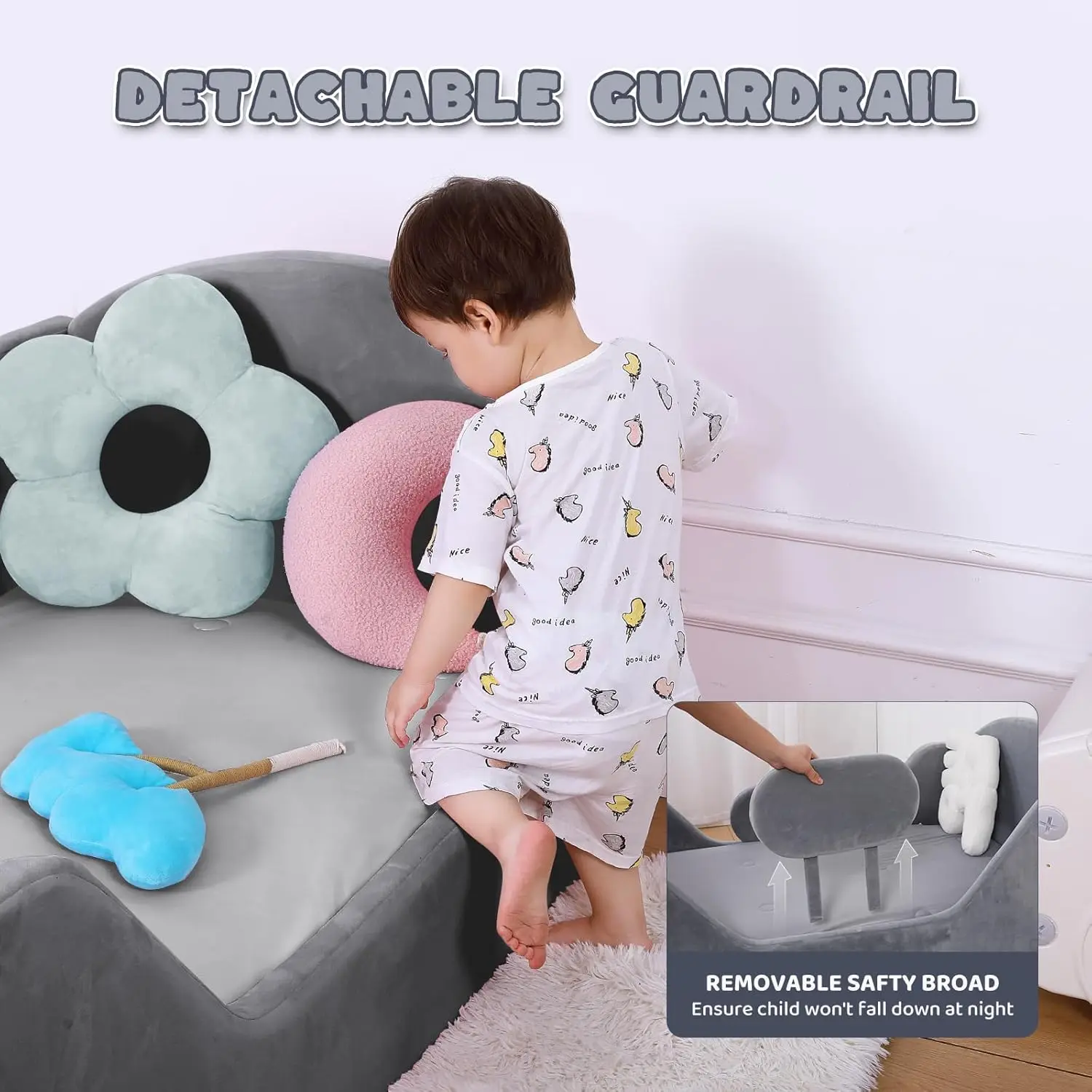 with Rail and Round headbroad, Standard Crib Size Toddler Bed for Children 18 Months to 6 Years, Upholstered Toddler Floor Bed