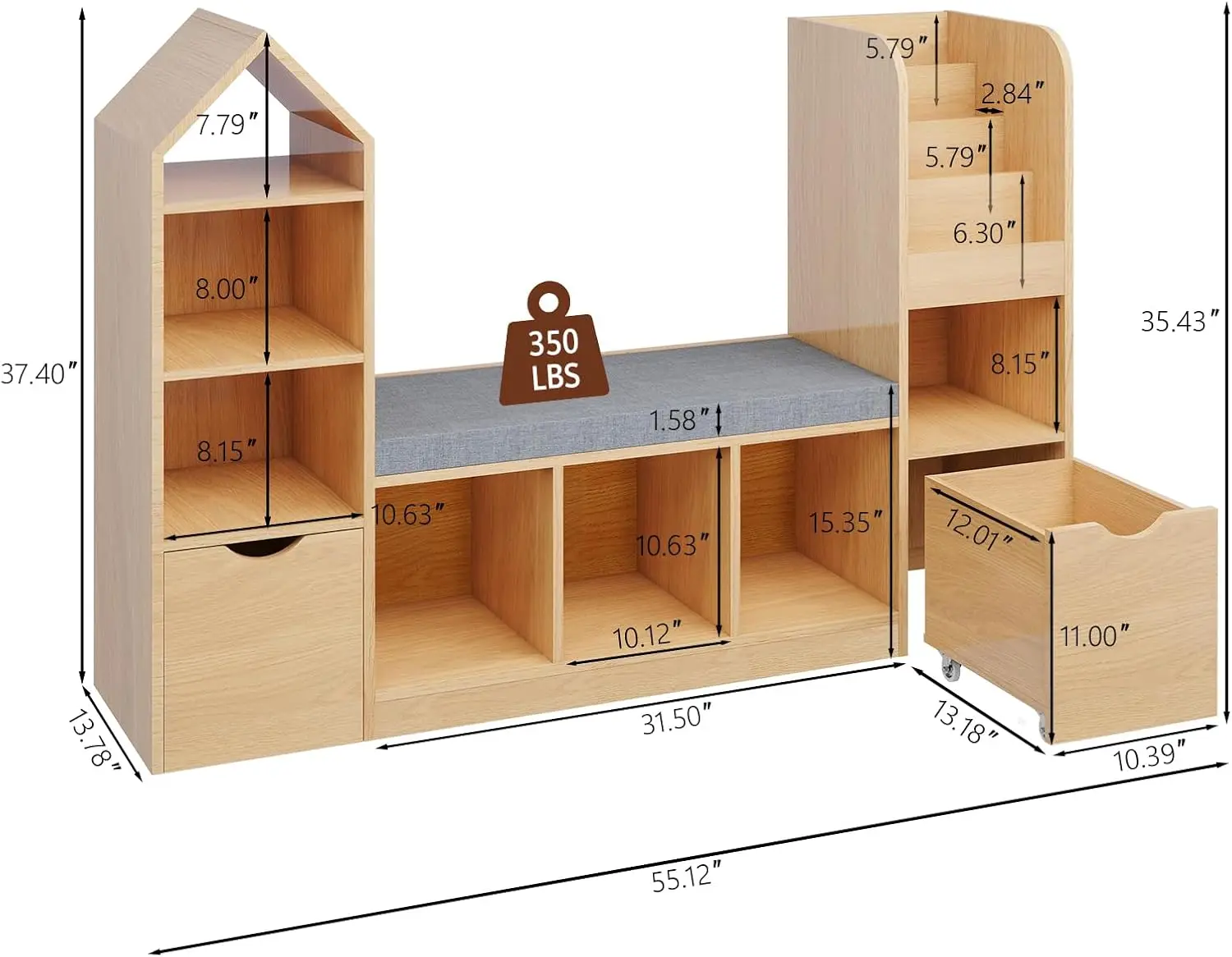 Kids Bookcase and Bookshelf with Reading Nook, Oak Bookcase with 7 Storage Cubbies 2 Movable Drawers, Bookcase with Seat