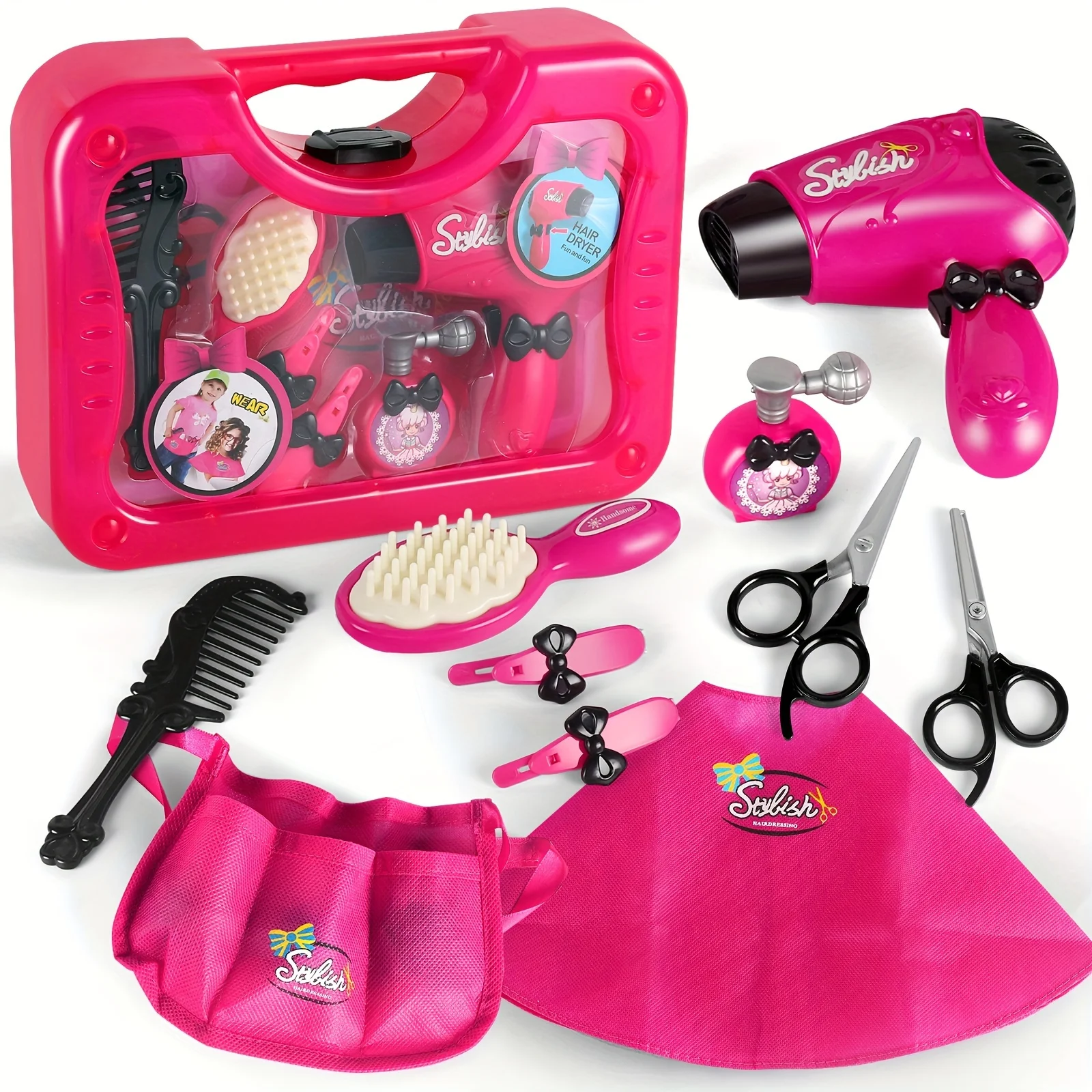 Juego de juguetes de salón de belleza para niñas con secador de pelo, delantal de barbero y accesorios de peinado, perfecto para regalo de juego creativo