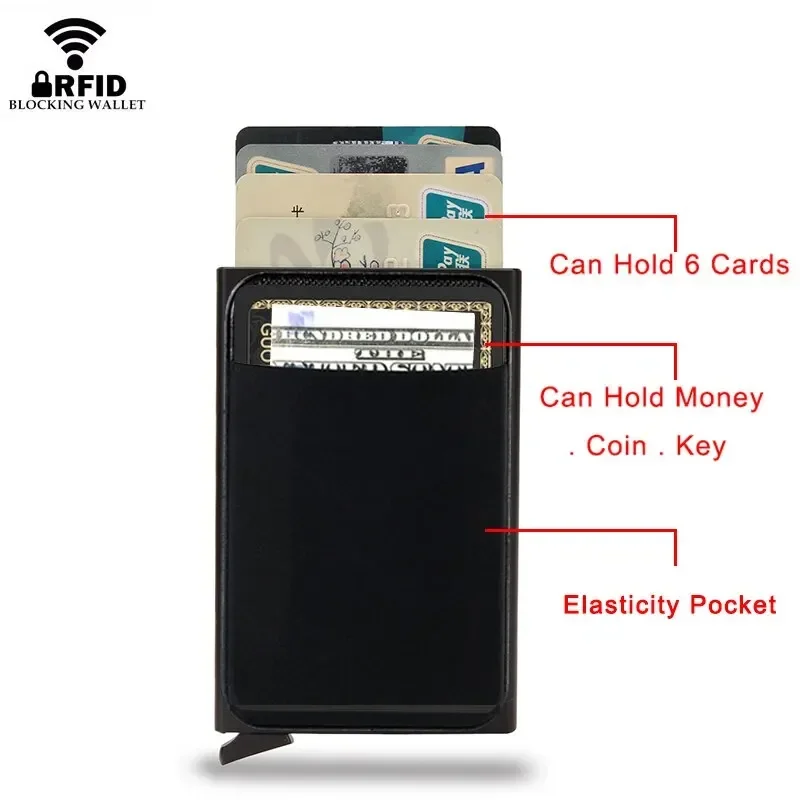 Rfid สมาร์ทบัตรเครดิตผู้ถือกระเป๋าสตางค์โลหะ Slim Pop Up Minimalist กระเป๋าสตางค์ผู้ชายสีดํากระเป๋าถือชายเงินกระเป๋า Carteira Masculina