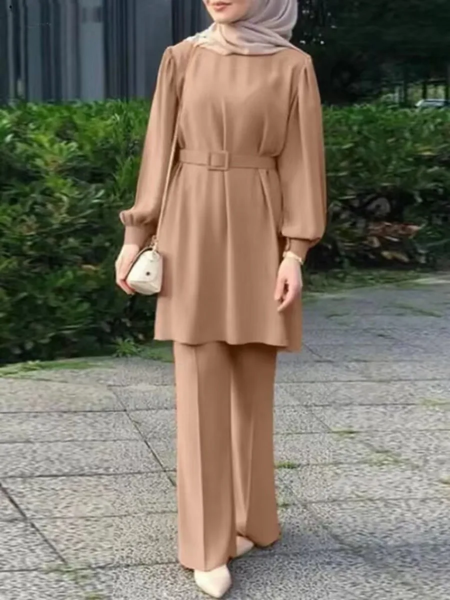 Conjunto de dos piezas musulmán Eid para mujer árabe, blusa con cordones y pantalón, conjunto musulman con cinturón, conjuntos a juego, camisa con botones, Abaya, Ramadán