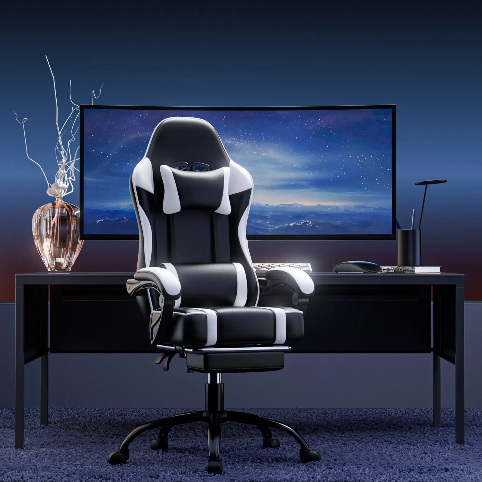 Gaming Chair, Ergonomic Video Game Chair for Adults, Comfortable Computer Chair with Footrest and Lumbar Support
