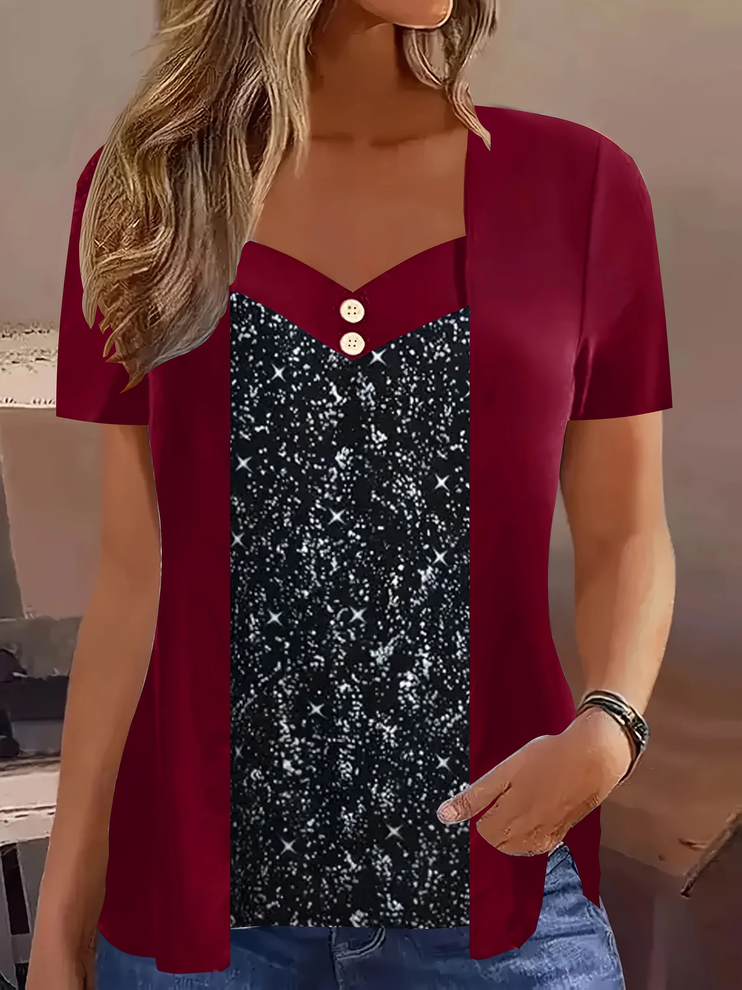 Elegante zomerblouse met V-hals, knoopdetail, tweedelige blouse met contrasterende print - Casual dames-T-shirt met korte mouwen in grote maten