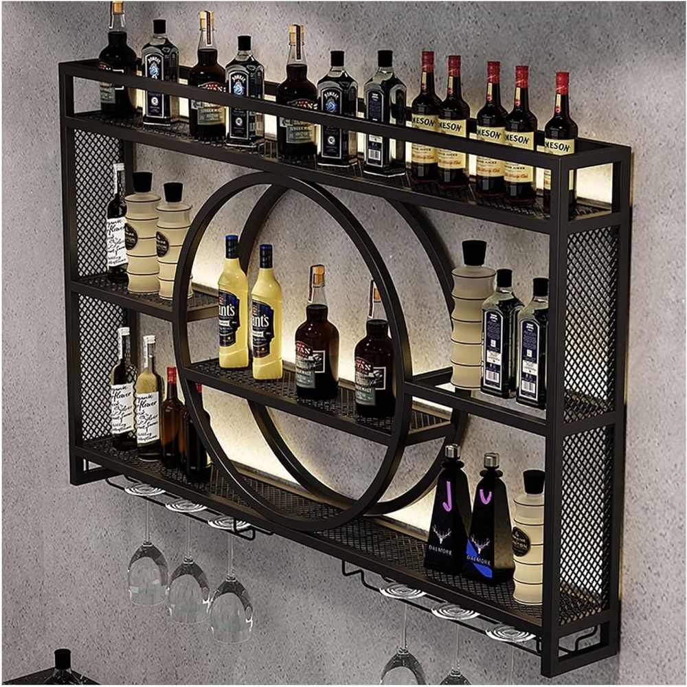 39" upgrade metal wall mounted wine rack with led lighting 3-tier large capacity hanging bar shelf wall bar cabinet mini bar for