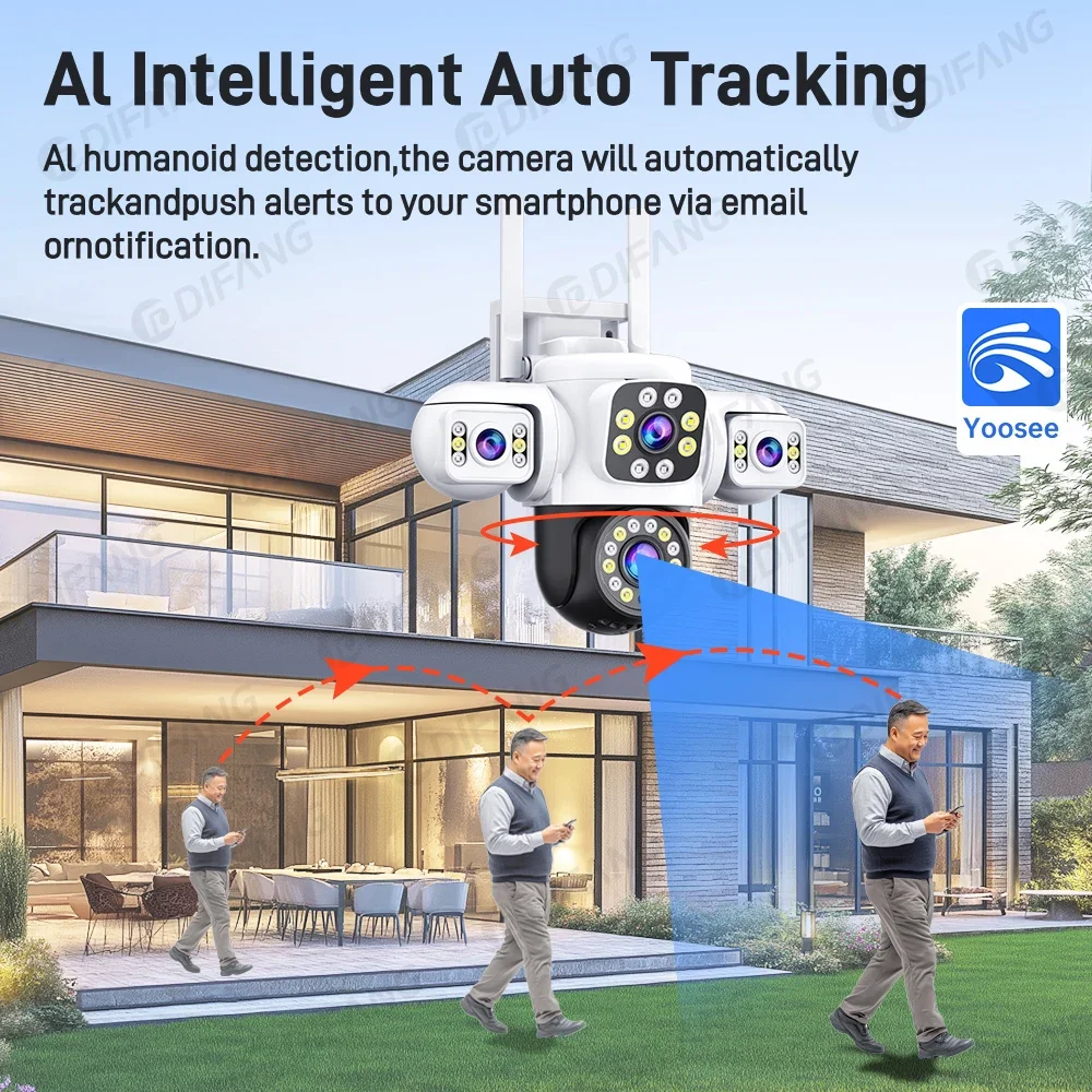 Cámara IP WiFi UHD de 6K y 12MP para exteriores, tres pantallas, tres lentes, tipo humano, detección AI, seguimiento automático, aplicación Securit Yoosee, IP CCTV