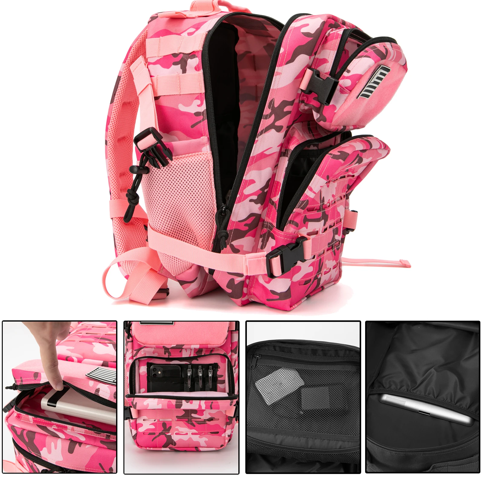 Mochila tática 25l/45l para mulheres/homens, caminhadas ao ar livre, corte a laser, molle, mochila escolar, academia, com suporte de copo duplo