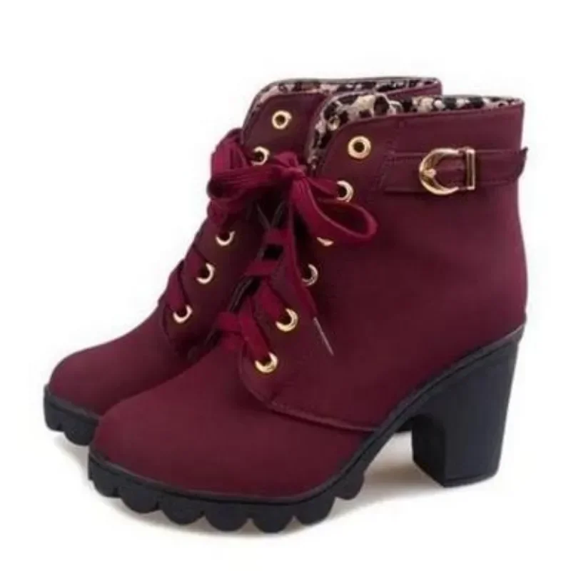 Botas de invierno de tacón alto para mujer, Botas cortas con correas cruzadas, cómodas Botas impermeables, cálidas, de talla grande 42