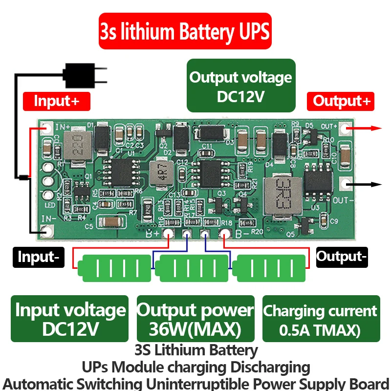 3S 12V 3A 24W 36W Lithium Battery UPS Module Charging Discharging Automatic Switching Uninterruptible Power Supply Board