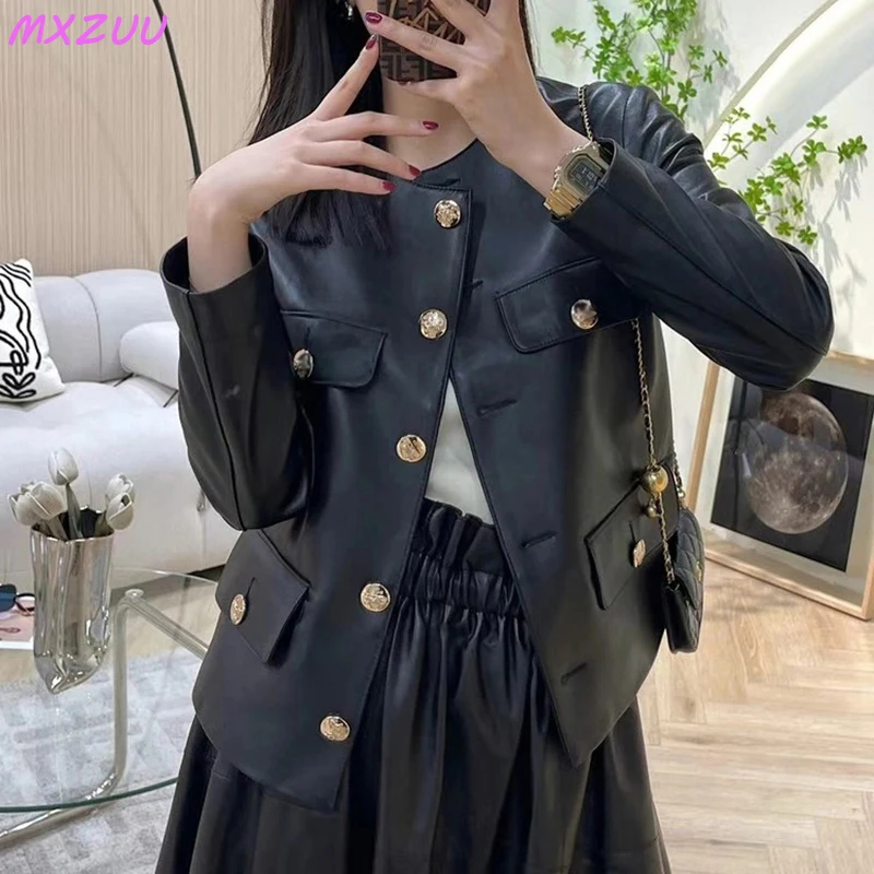 Automn roupas-女性用の白い本革のジャケット,丸いシープスキンのレトロなゴールドバックルネックライン
