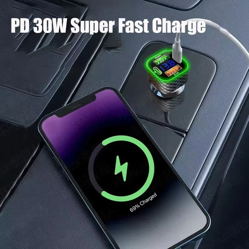 Автомобильное зарядное устройство USB C Dual PD 4 в 1 с дисплеем напряжения, адаптер для сверхбыстрой зарядки для iPhone Xiaomi Oppo Vivo Samsung