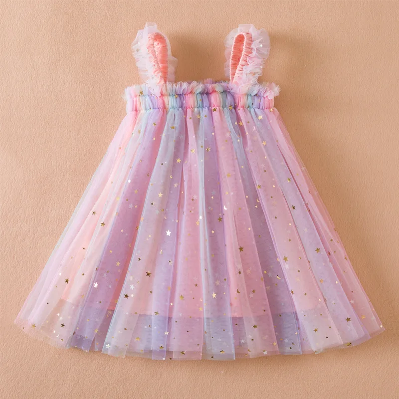 สาวหวานฤดูร้อนบินแขนโบว์เลื่อมชุด 2-6Y เด็กวันเกิดสีชมพู Fluffy A-Line ชุดเจ้าหญิงสําหรับเด็กผู้หญิงน่ารัก