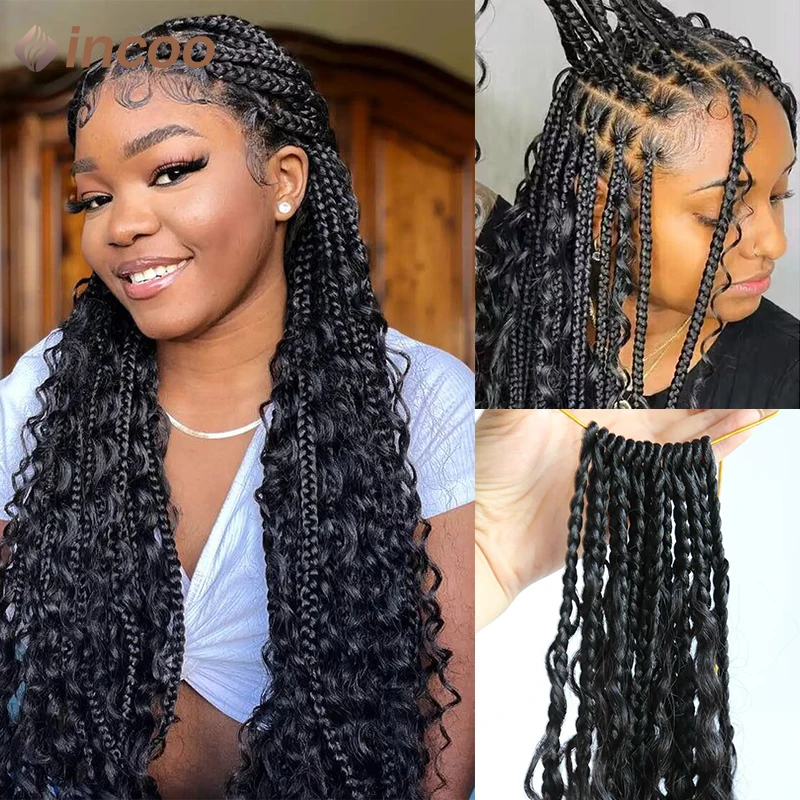 Boho กล่อง Braided Wigs ผมหยิกสังเคราะห์วิกผมลูกไม้ด้านหน้าด้านหน้าสําหรับผู้หญิงสีดําเทพธิดา Locs Braid วิกผม Bohemian กล่อง Braid วิกผม