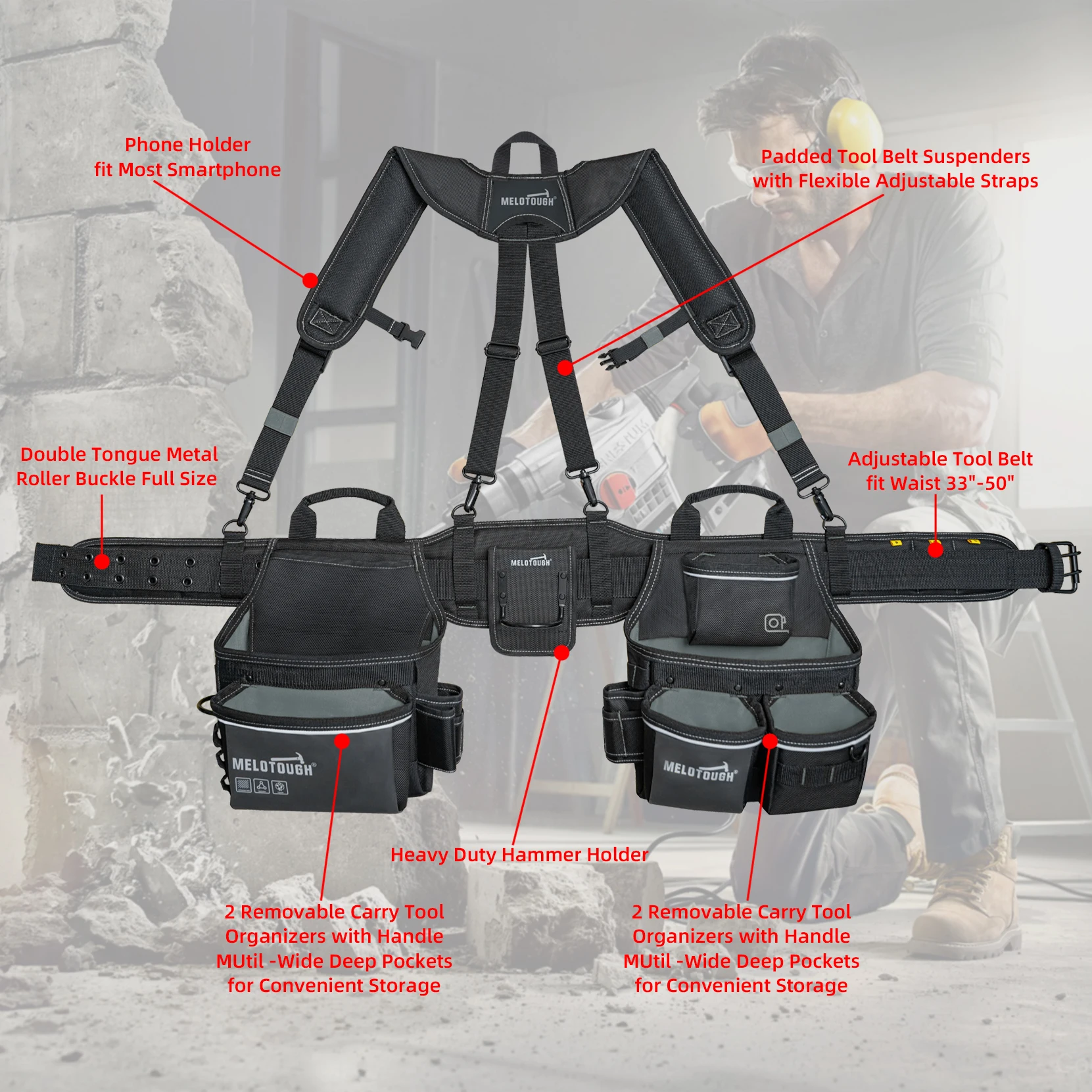 Carpenters Tool Belt with Suspenders Professional Tool Belt Combo Organizer With Tool Pouch Suspenders with 32 Pockets and Loops