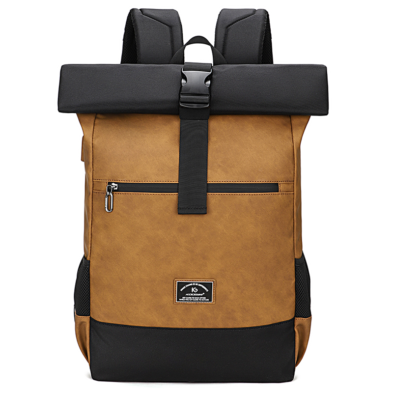 Mochilas impermeables para ordenador con usb, mochilas ligeras de cuero PU para hombre, mochila con tapa enrollable de lujo para mujeres y hombres