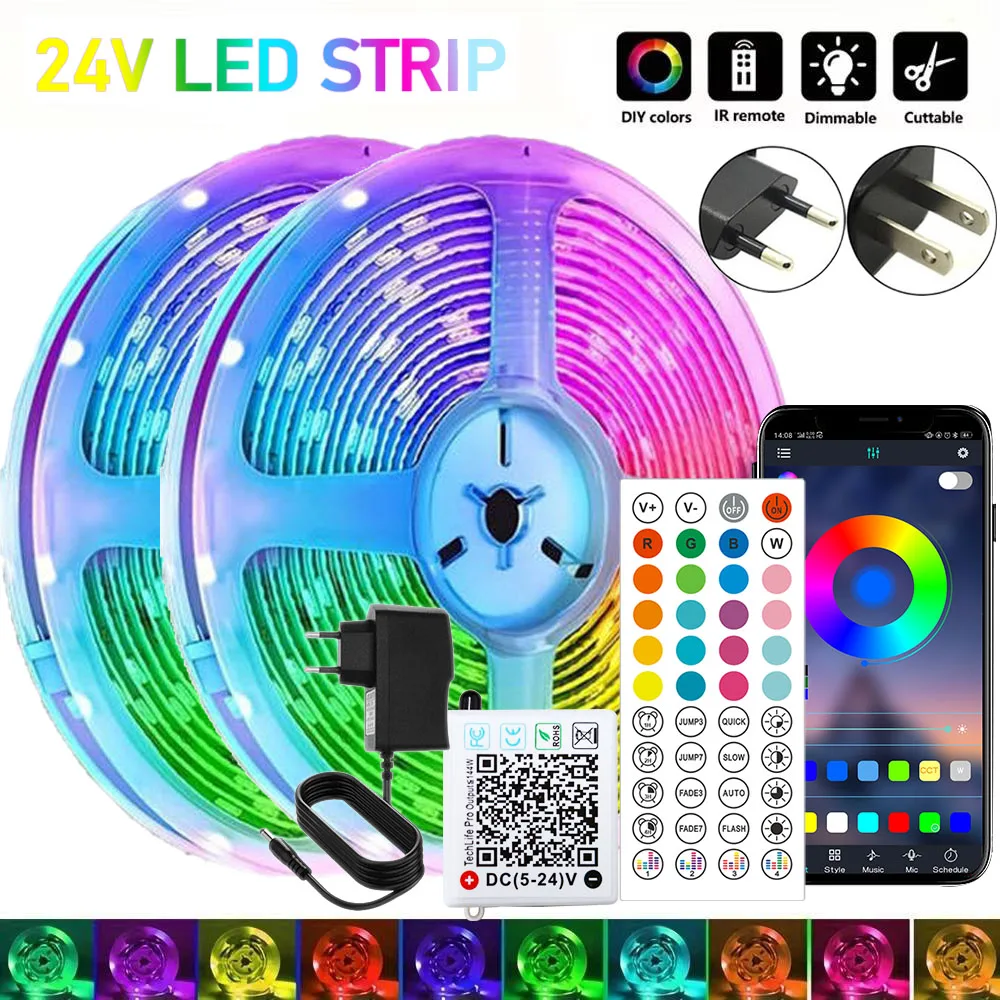 Dc 24V Rgb Led Tape Strip Bluetooth 15M 20M 25 Meters Multicolor Adhesive Led Band  App Control Ice String For Home  Decoration