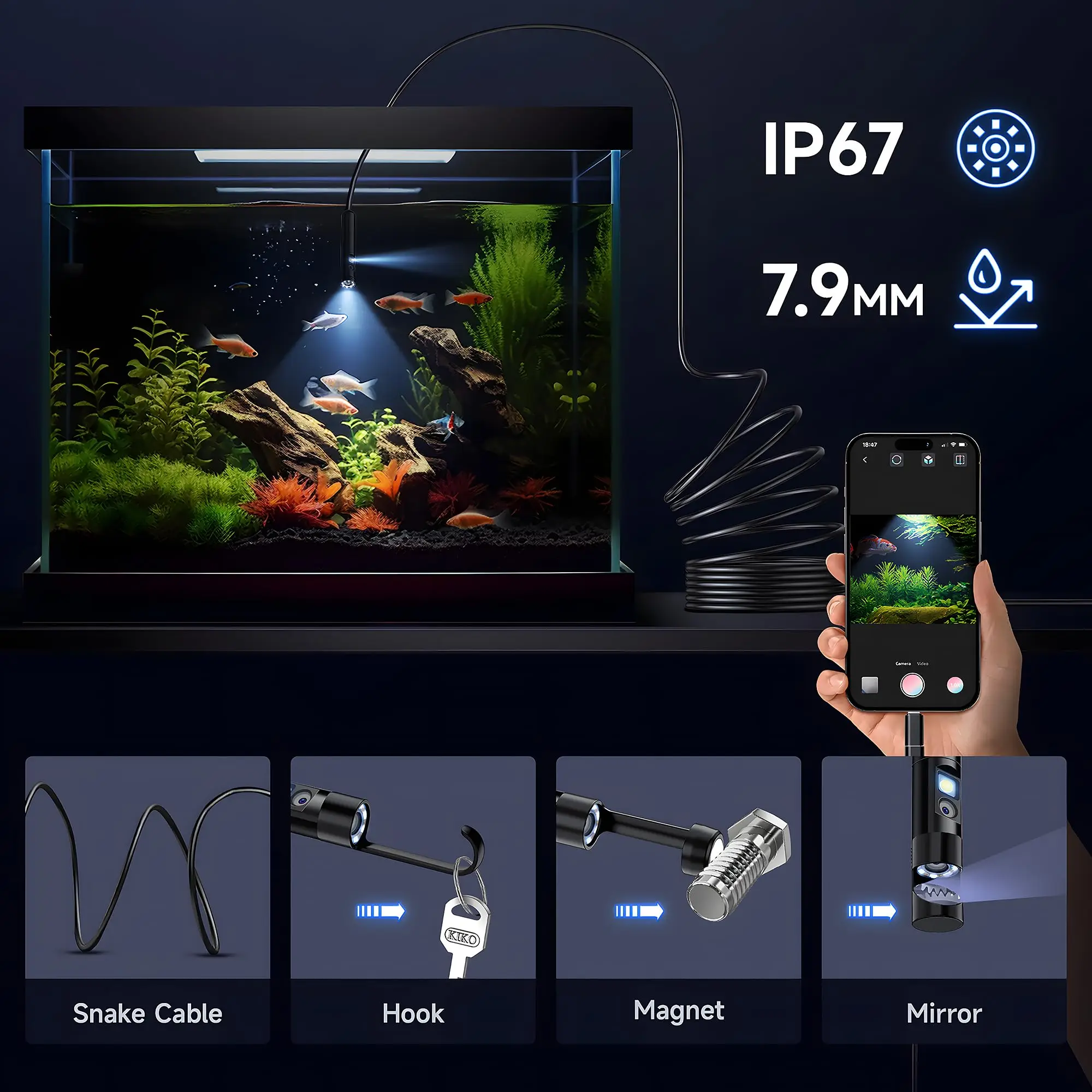 KERUI Telecamera per endoscopio con obiettivo singolo/doppio per iPhone iPad IOS e Android Tipo-c Luce a led IP67 Periscopio Telecamera per ispezione industriale