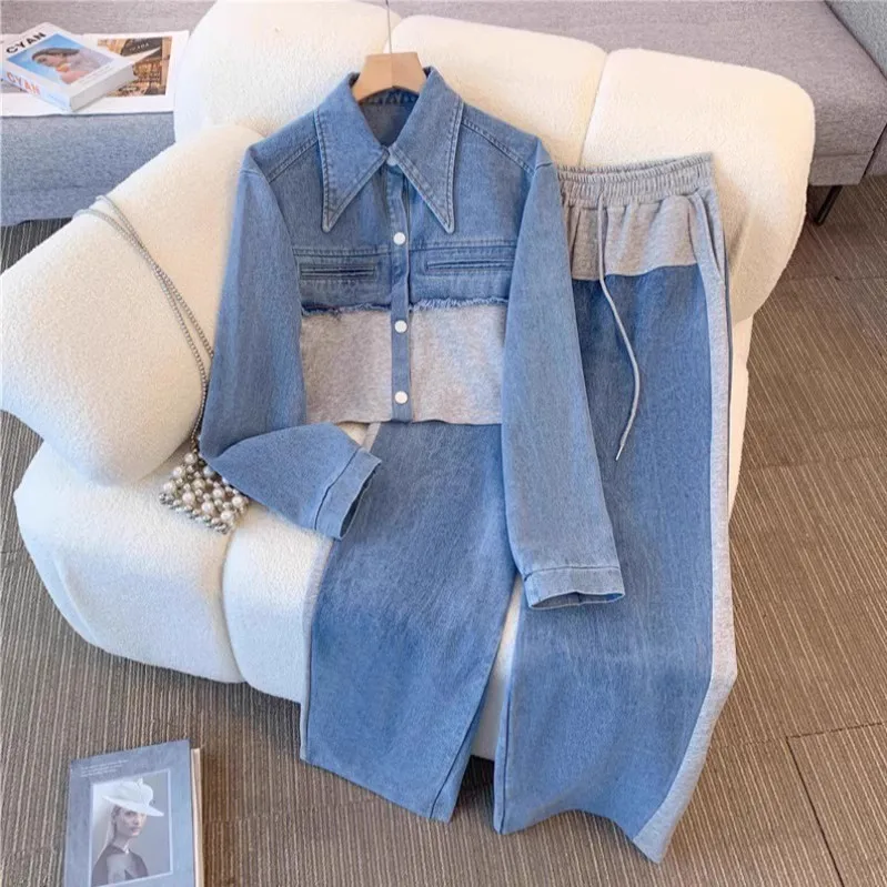 Zwei Stück Sets Frauen Hose Set Denim Splice Passenden Sets Frühling Top Breite Bein Lange Hosen Beiläufige Lose Spitze Up Hohe Taille Jogger
