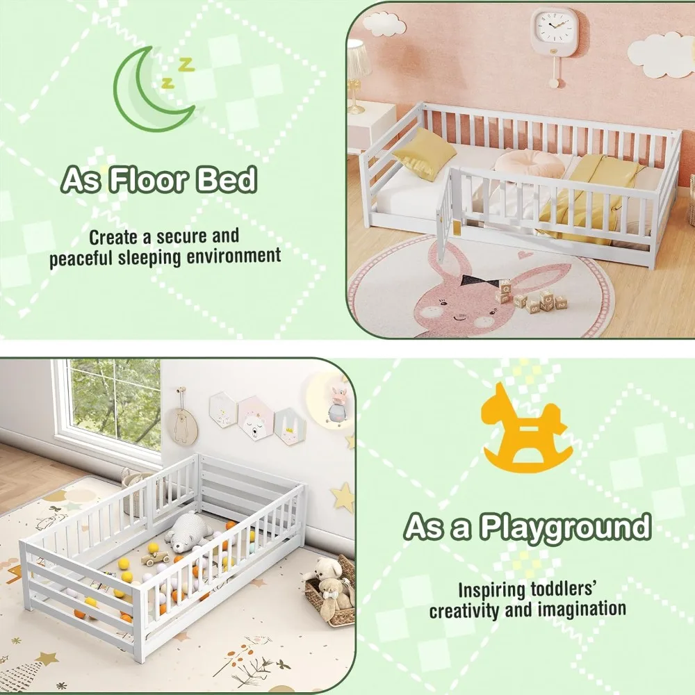 Floor Bed with High Rails, Solid Wood Kids Montessori Beds Frame w/Safety Guardrails & Door, Twin Size Bedframe Platform w/