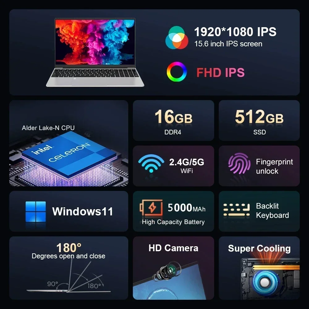 15.6 "แล็ปท็อป IPS บางเฉียบ 16GB RAM 11th Intel Celeron N5095 Windows 11 Pro 5G WiFi | เวิร์คสเตชั่นเคลื่อนที่ จัดส่งทั่วโลกอย่างรวดเร็ว