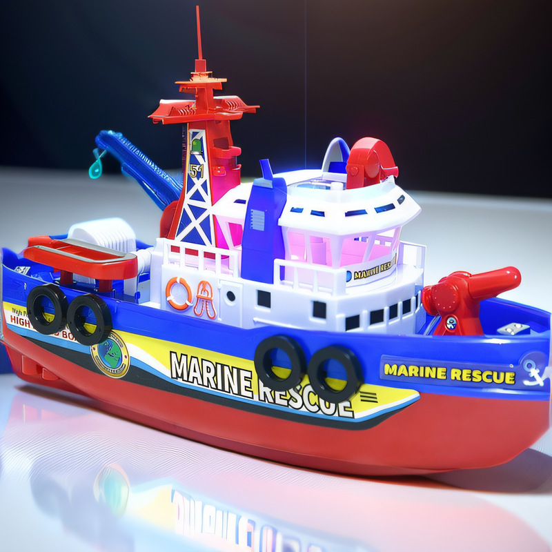 Barco aspersor elétrico para crianças, brinquedo de banho, modelo de resgate, barco de incêndio, quebra-cabeça LED, luz e música, 3-6 anos